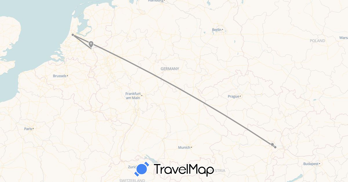 TravelMap itinerary: driving, plane in Austria, Netherlands (Europe)